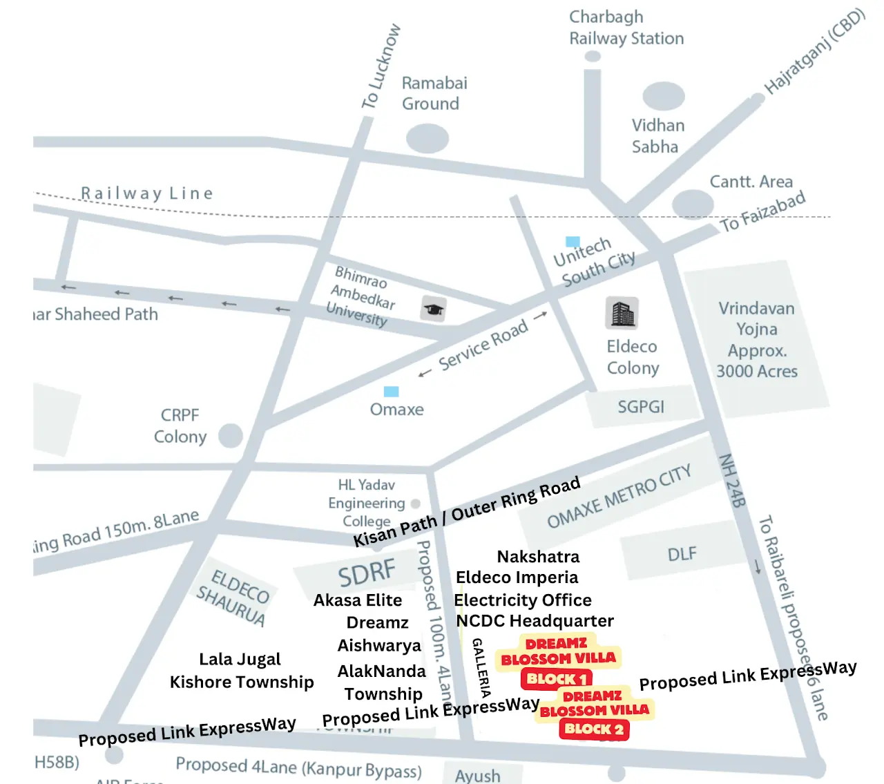 Illustrative location map showing Blossom Villa near Eldeco Imperia